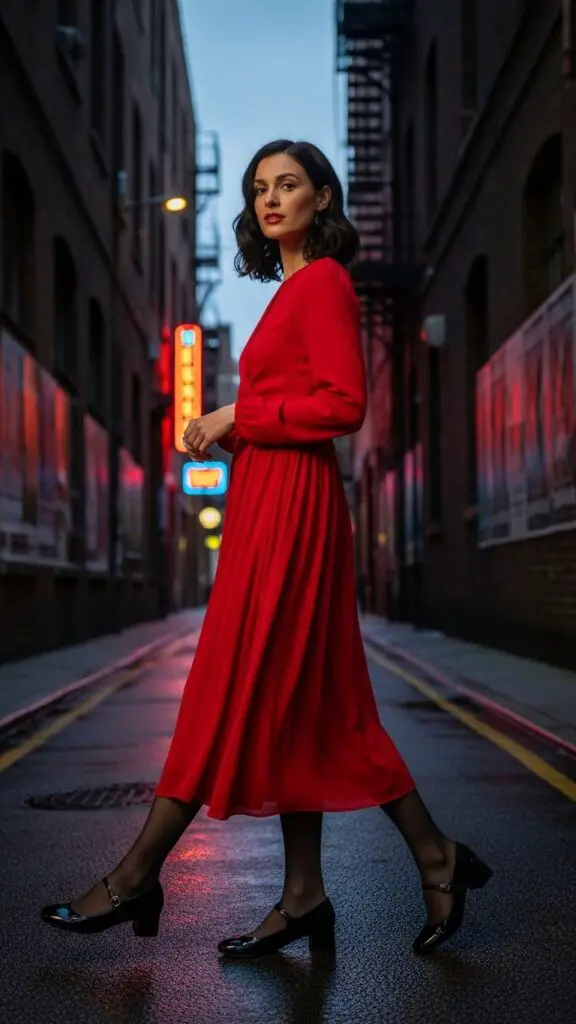 Red Midi Dress + Black Tights + Mary Janes