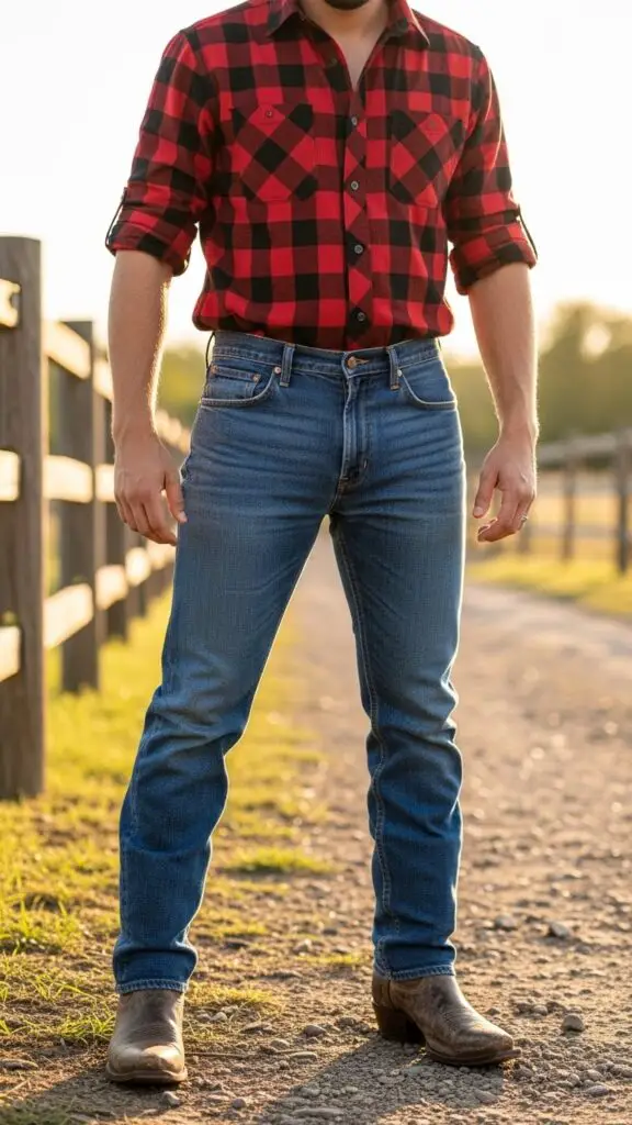 Red Plaid Shirt + Denim Jeans + Cowboy Boots