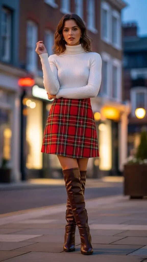 Red Plaid Skirt + White Turtleneck + Knee-High Boots