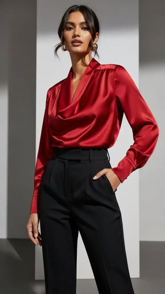 Red Satin Blouse with Black Trousers