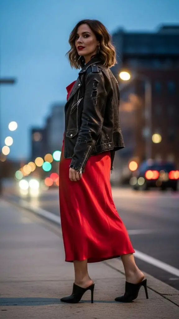 Red Slip Dress + Leather Jacket + Heeled Mules