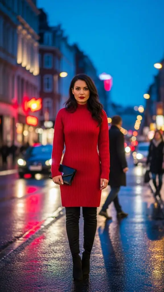 Red Sweater Dress + Over-the-Knee Boots
