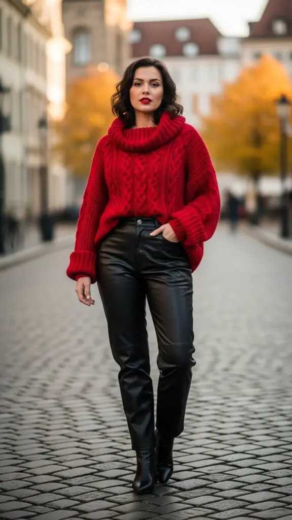 Red Sweater + Leather Pants