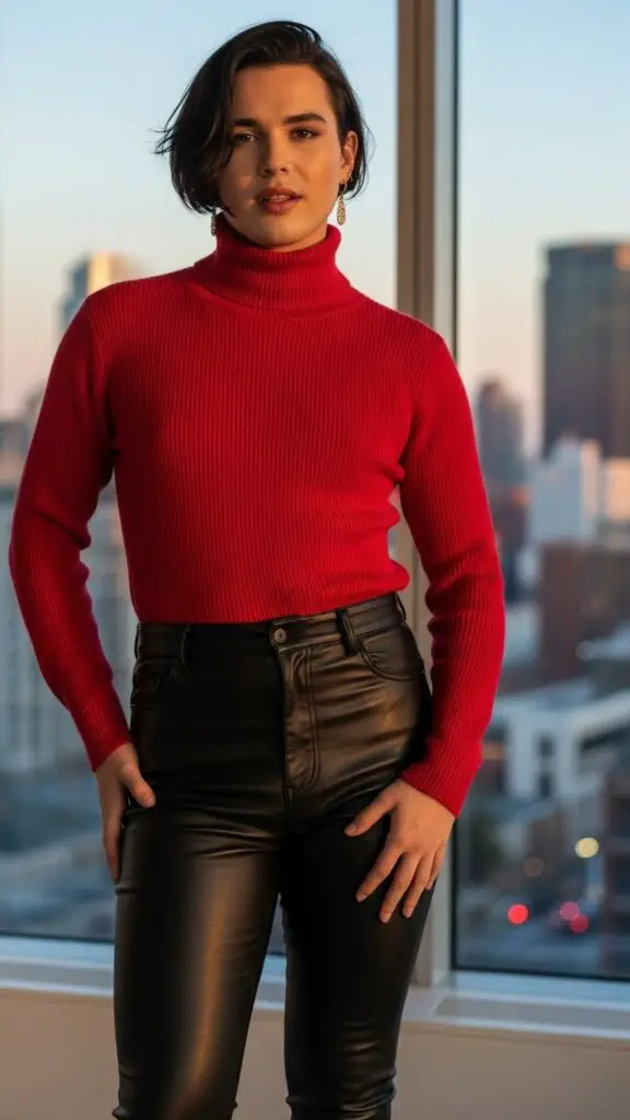 Red Turtleneck + Black Leather Pants