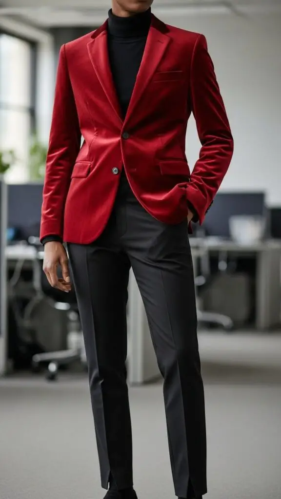 Red Velvet Blazer + Black Trousers
