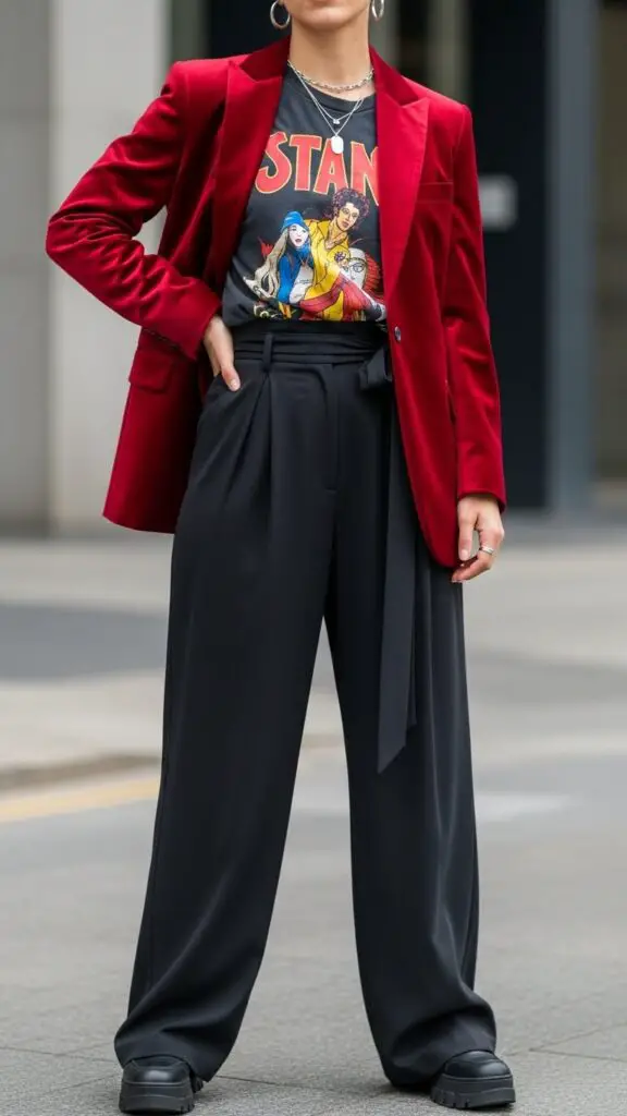 Red Velvet Blazer + Graphic Tee + Wide-Leg Pants