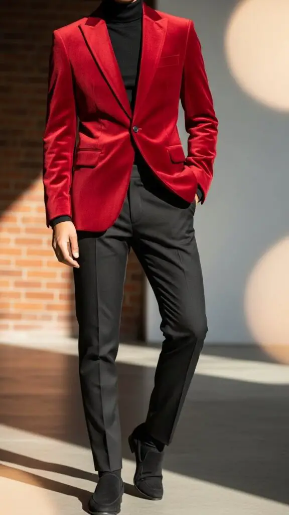 Red Velvet Blazer with Black Pants