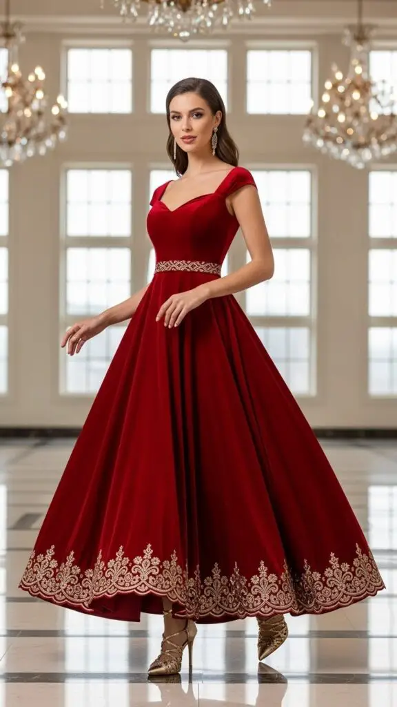 Red Velvet Dress with Gold Heels