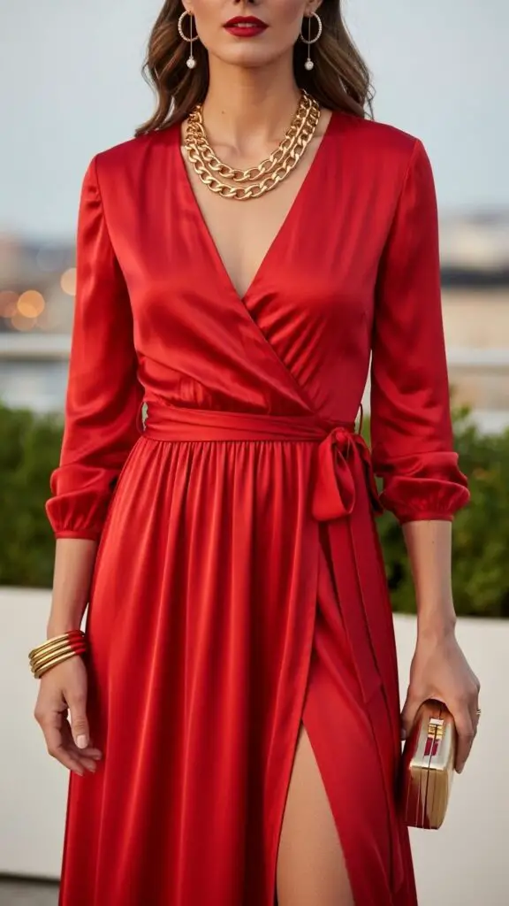 Red Wrap Dress with Gold Accessories