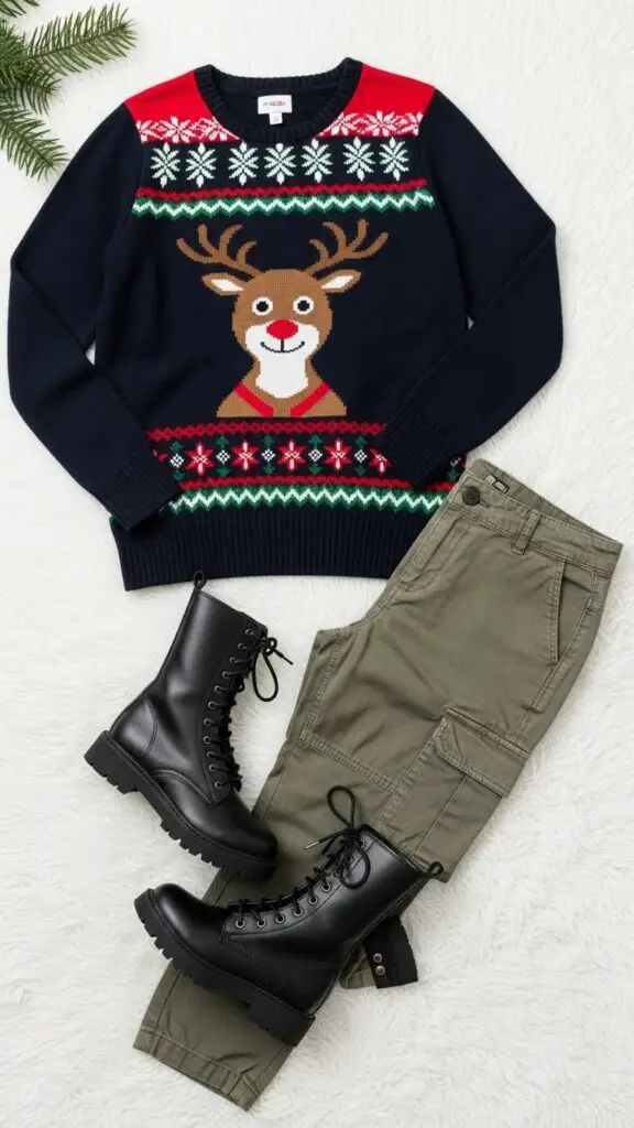 Reindeer Motif Christmas Sweater + Cargo Pants + Combat Boots