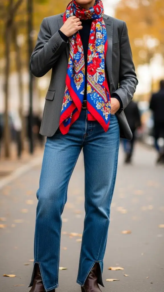Scarf + Blazer + Straight-Leg Jeans