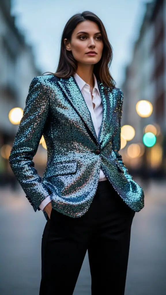 Sequin Blazer Over Black Pants