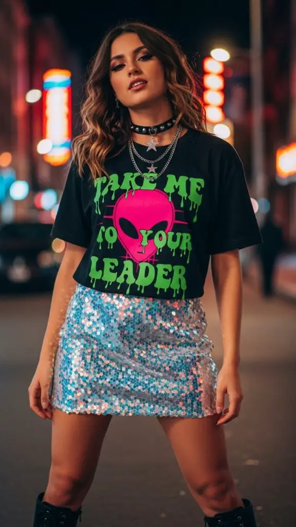 Sequin Skirt + Graphic Tee
