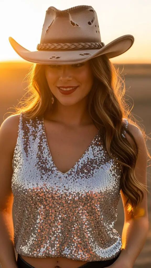 Sequin Top + Cowboy Hat