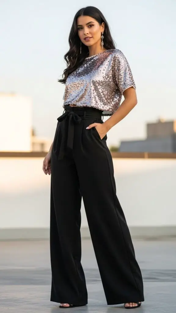 Sequin Top with High-Waisted Trousers