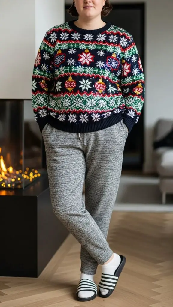 Sequined Holiday Sweater + Joggers + Slides