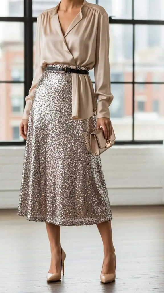 Sequined Midi Skirt + Silk Blouse