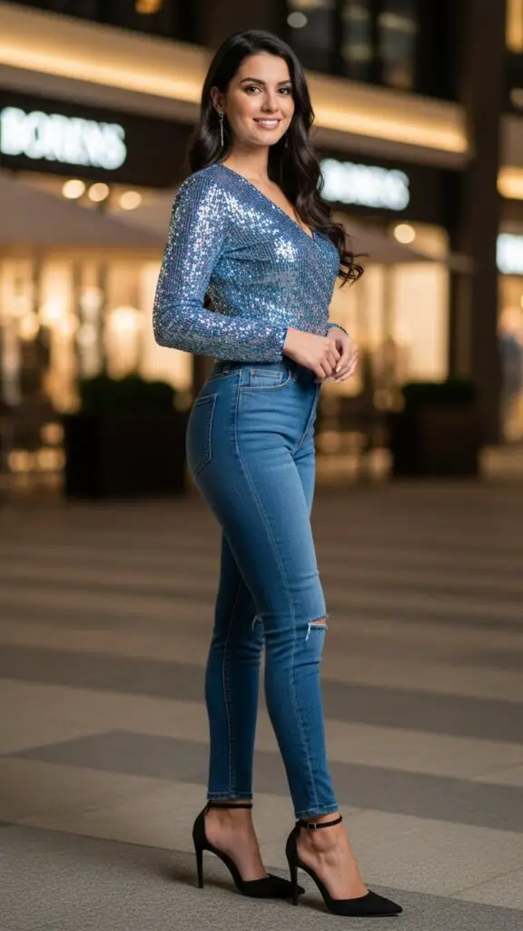 Sequined Top + Jeans + Heels