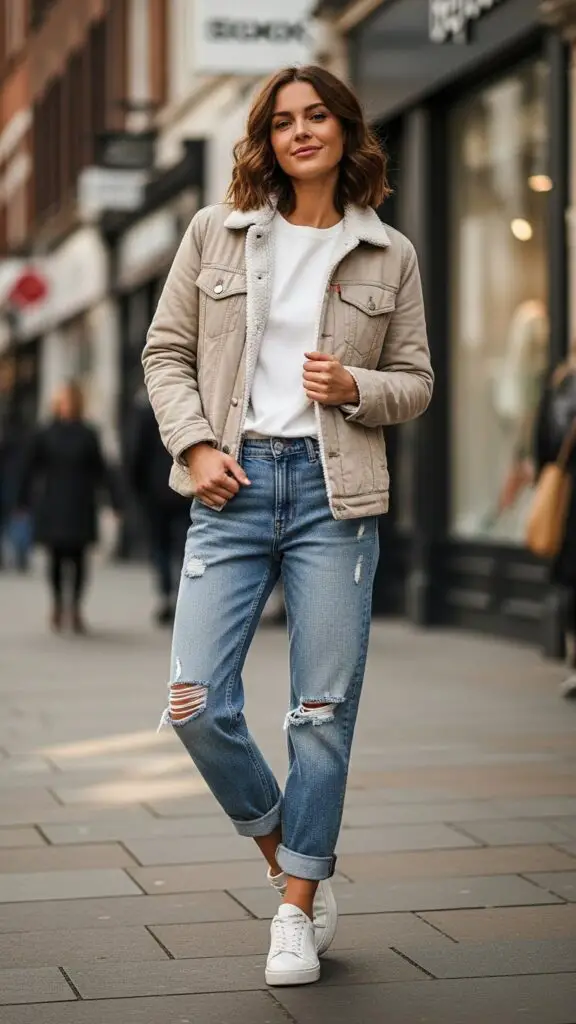 Sherpa-Lined Jacket + Tee + Boyfriend Jeans