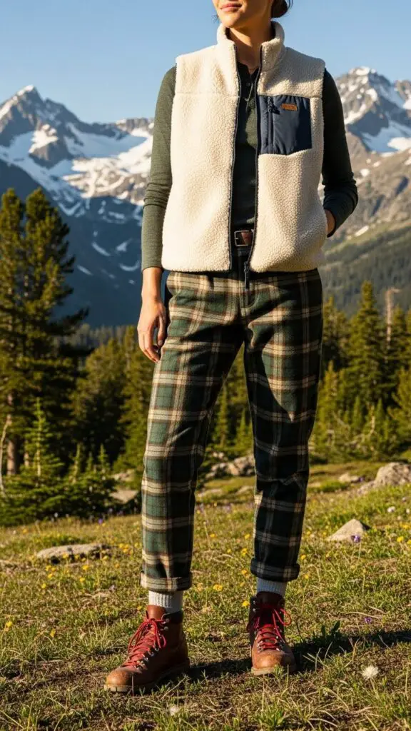 Sherpa Vest + Plaid Pants + Hiking Boots