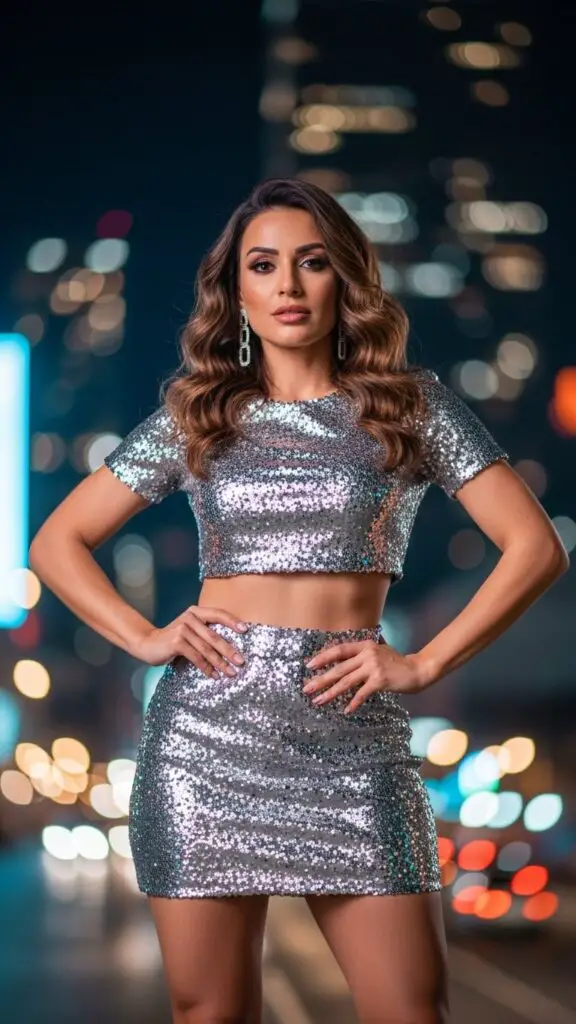 Silver Mini Skirt + Crop Top