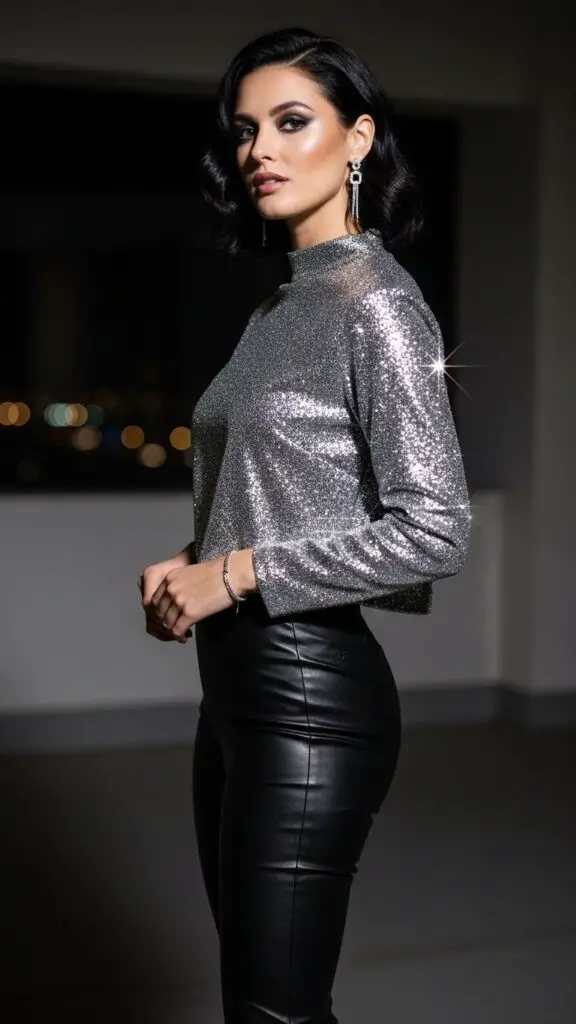 Silver Shimmer Top + Leather Pants