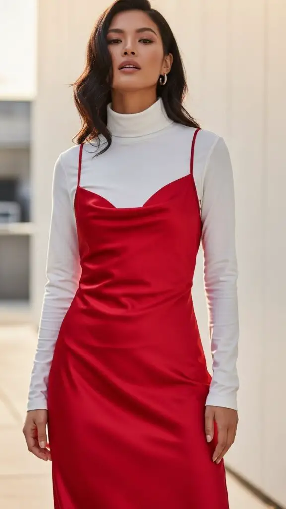 Sleek Red Slip Dress Layered