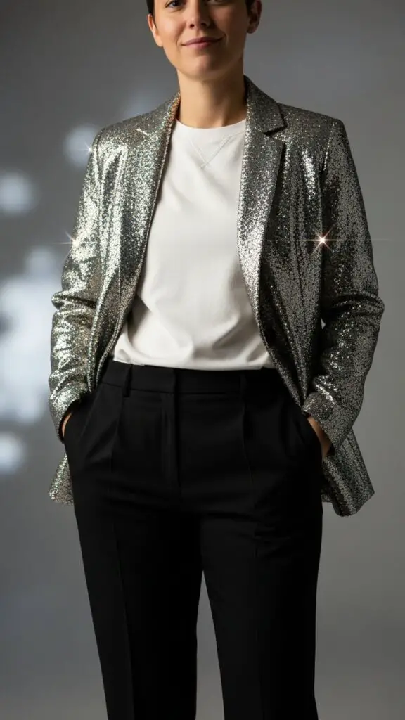 Sparkly Blazer + White Tee + Black Pants