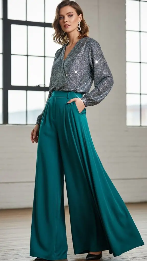 Sparkly Blouse + Wide-Leg Pants