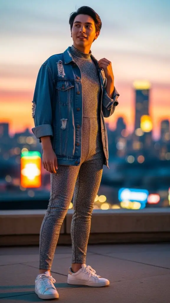 Sparkly Jumpsuit + Denim Jacket + Sneakers