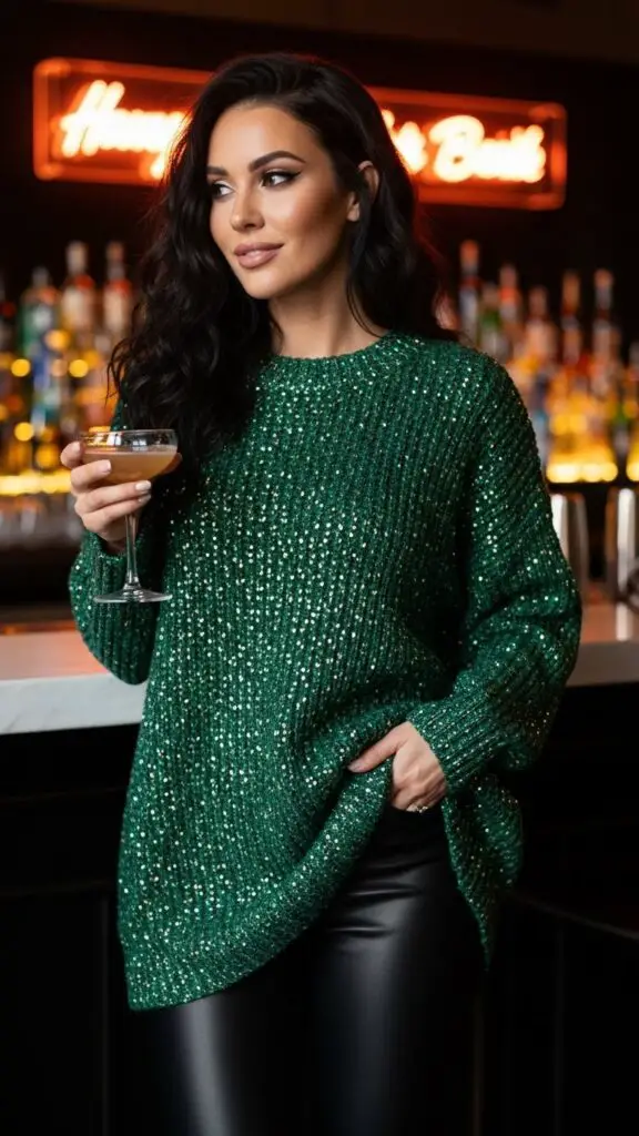 Sparkly Knit Sweater with Leather Leggings