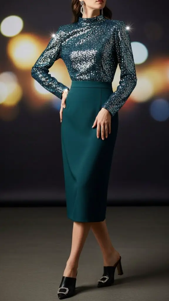 Sparkly Party Top + Midi Skirt + Mules