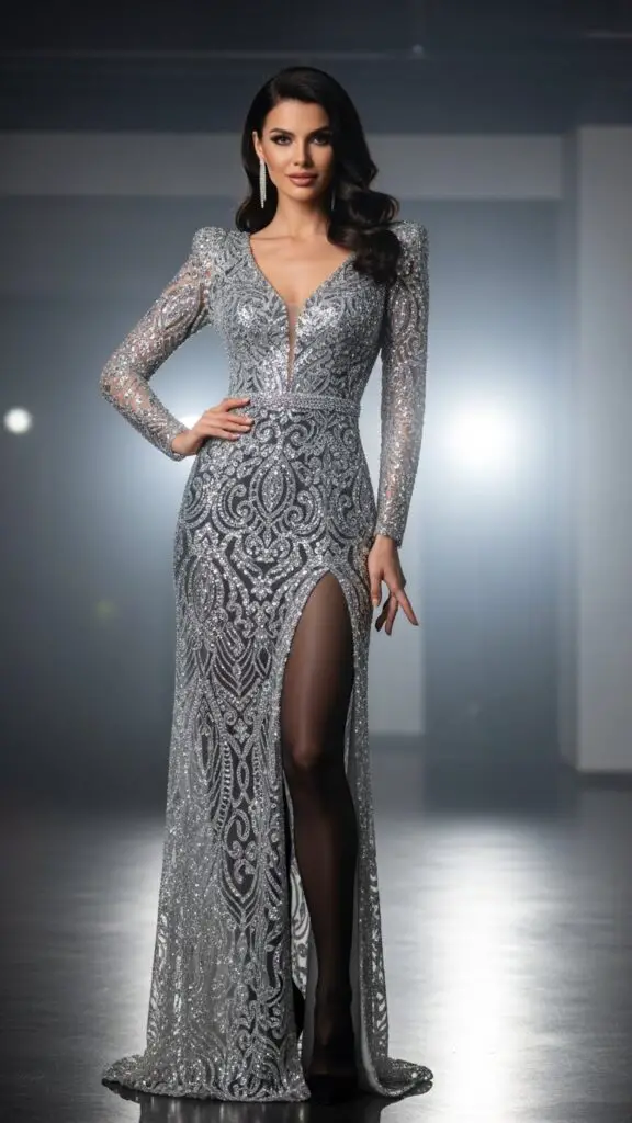 Sparkly Silver Dress with Black Tights