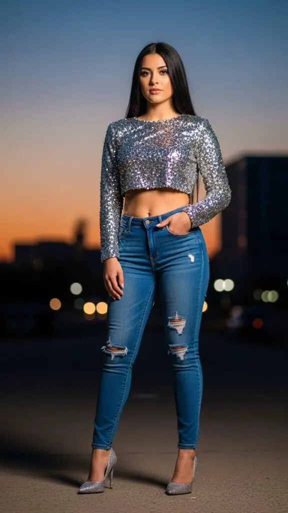 Sparkly Top + Jeans + Heels