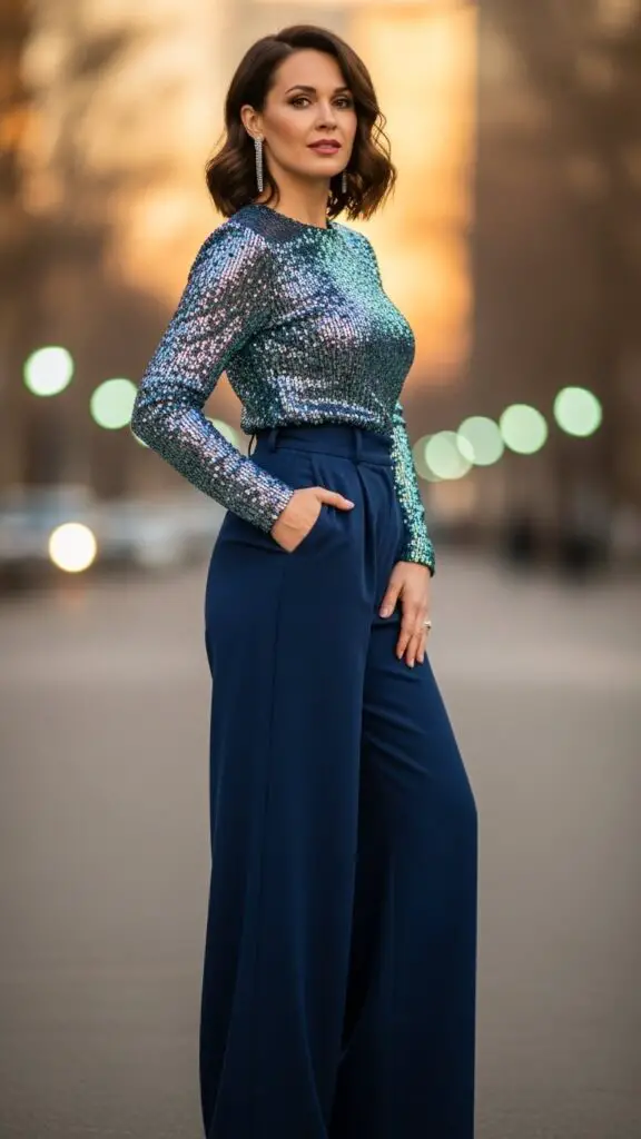 Sparkly Top + Wide-Leg Trousers