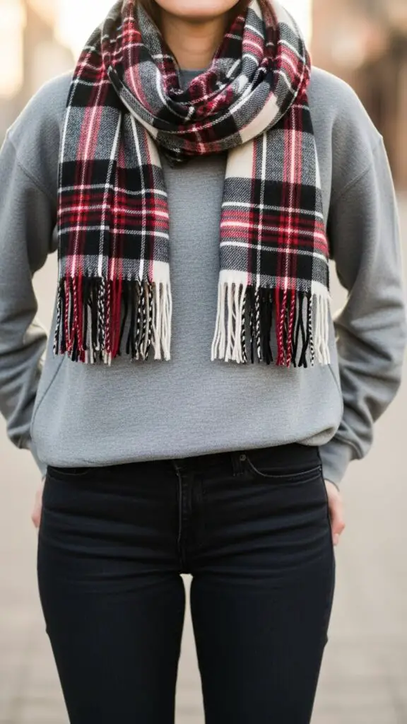 Sweatshirt + Plaid Scarf + Black Jeans