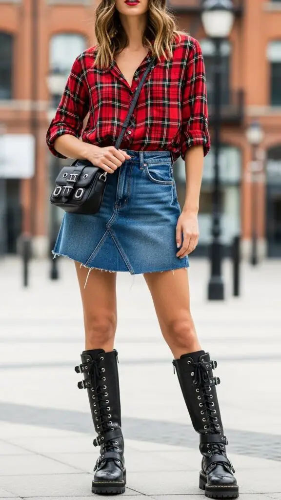 Tartan Blouse + Denim Skirt + Combat Boots