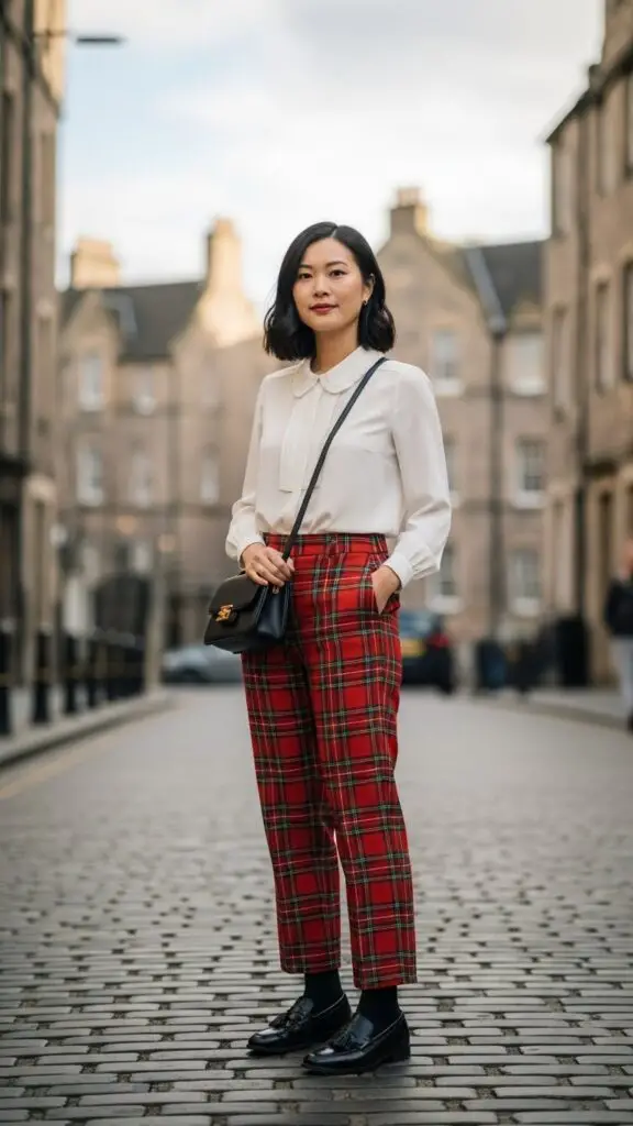 Tartan Pants + Blouse + Loafers