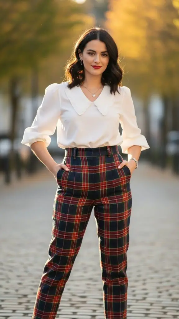 Tartan Pants + White Blouse