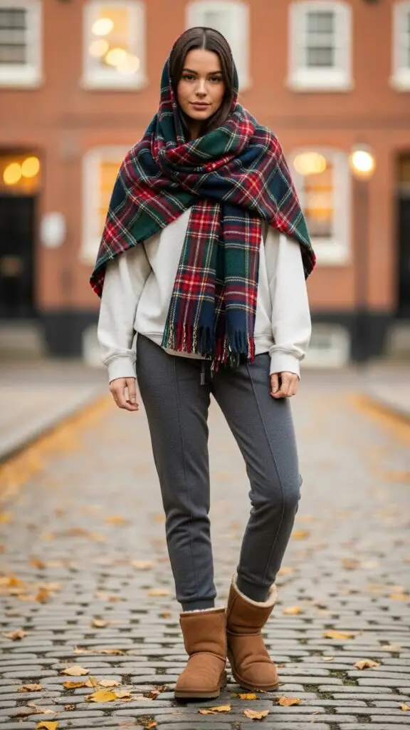 Tartan Scarf + Sweatshirt + Joggers + Uggs