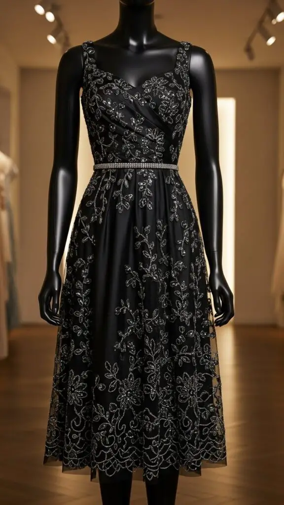 The Black Satin Midi with Embellishments