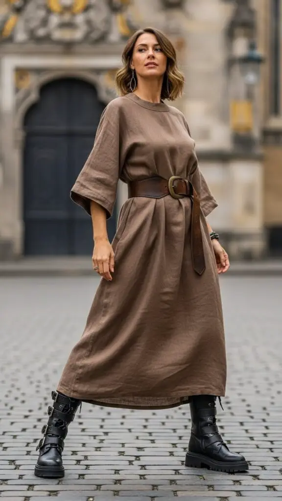 Tunic Dress + Belted Waist + Combat Boots