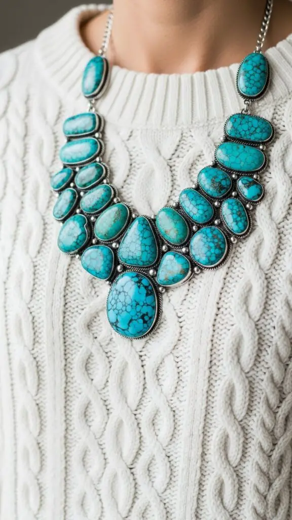 Turquoise Jewelry Statement with White Sweater