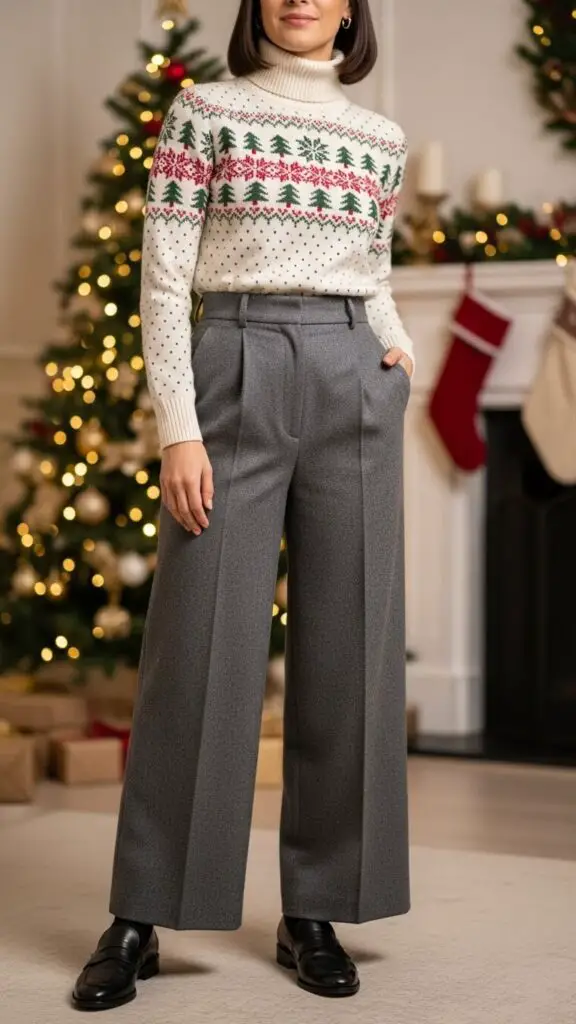 Turtleneck Christmas Sweater + Wide-Leg Pants + Loafers
