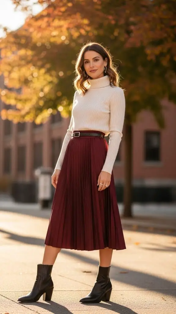 Turtleneck + Midi Skirt + Ankle Boots