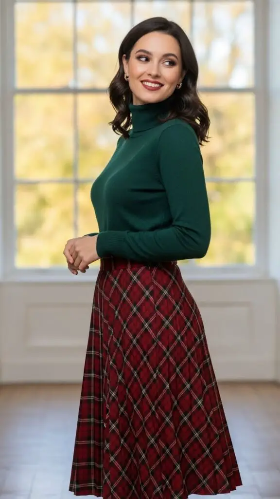 Turtleneck + Plaid Skirt
