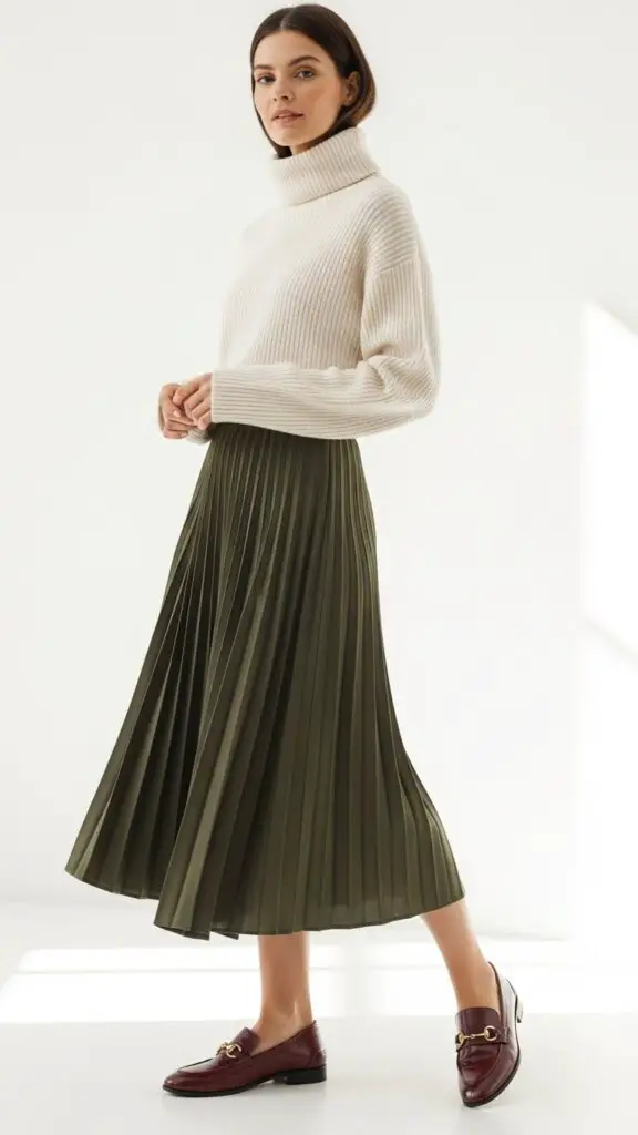 Turtleneck Sweater + Midi Skirt + Loafers