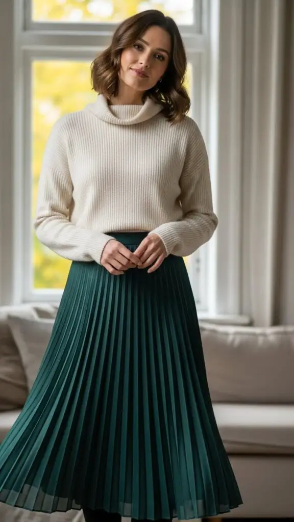 Turtleneck Sweater + Pleated Skirt