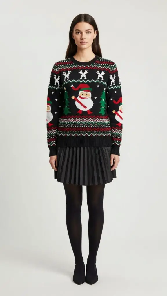 Ugly Christmas Sweater + Pleated Skirt + Tights