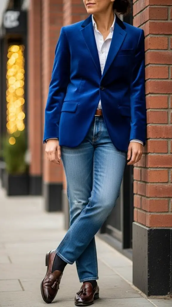 Velvet Blazer + Jeans + Loafers